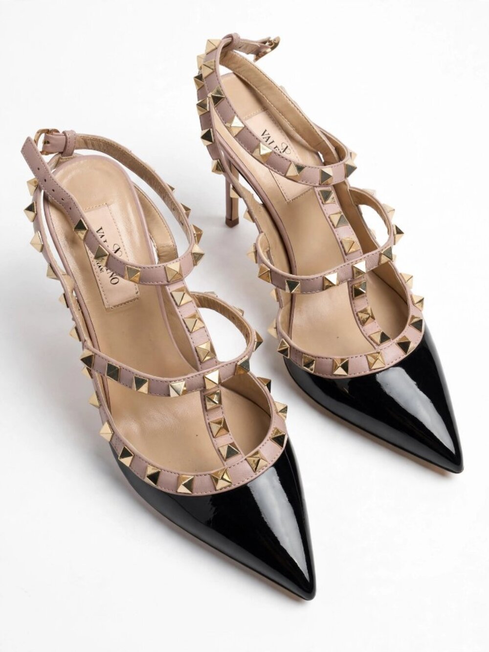 Valentino Garavani Rockstud T-Strap Pumps | Black Patent Nude Straps | 36.5